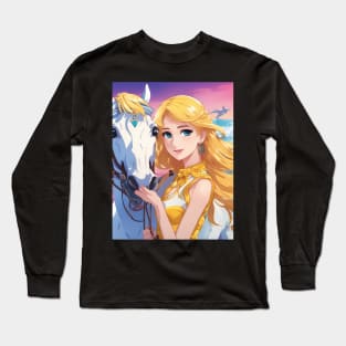 Blonde Anime Girl with White Horse Long Sleeve T-Shirt